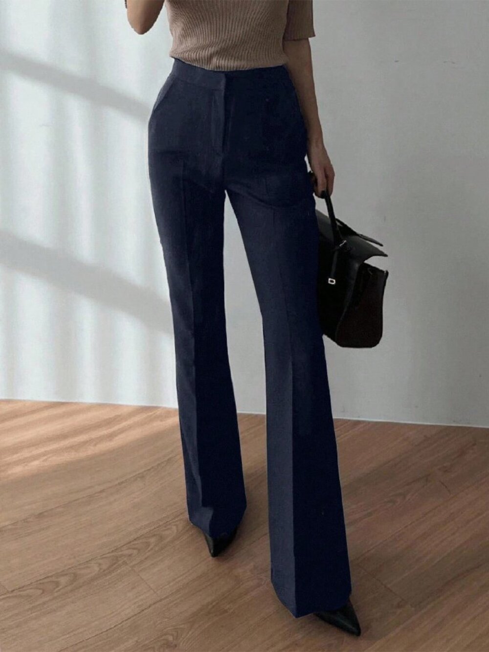 Navy Blue Elegant Women's Slimming Flare Leg Pants Pants